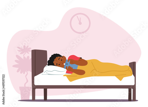 Child Engrossed In A Smartphone, Nestled In Bed. Little African American Boy Character Lying With Focused Face