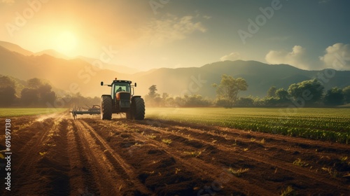 Tractor is driving through the field in the evening. Agricultural machinery in the field. Grain harvest.