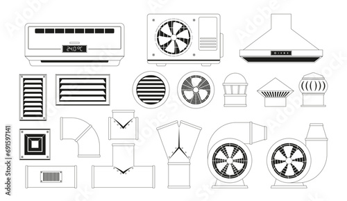 Ventilation Elements Outlined Icons Feature Fans, Ducts, And Vents, Symbolizing Air Circulation, Vector Set