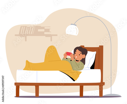 Child with Smartphone Nestled In Bed, Bathed In The Soft Glow. Illuminated Expressions Reflect Screen Fascination