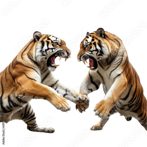 two tigers playing, full body, in a 3/4 view, in a PNG, exotic Wildlife-themed, isolated, and transparent photorealistic illustration. Generative ai