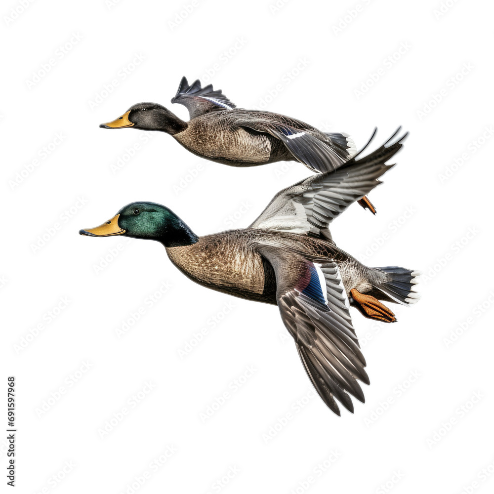 Obraz premium Mallard ducks flying, in a side view, PNG, isolated and transparent Nature-themed, photorealistic illustration. Generative ai