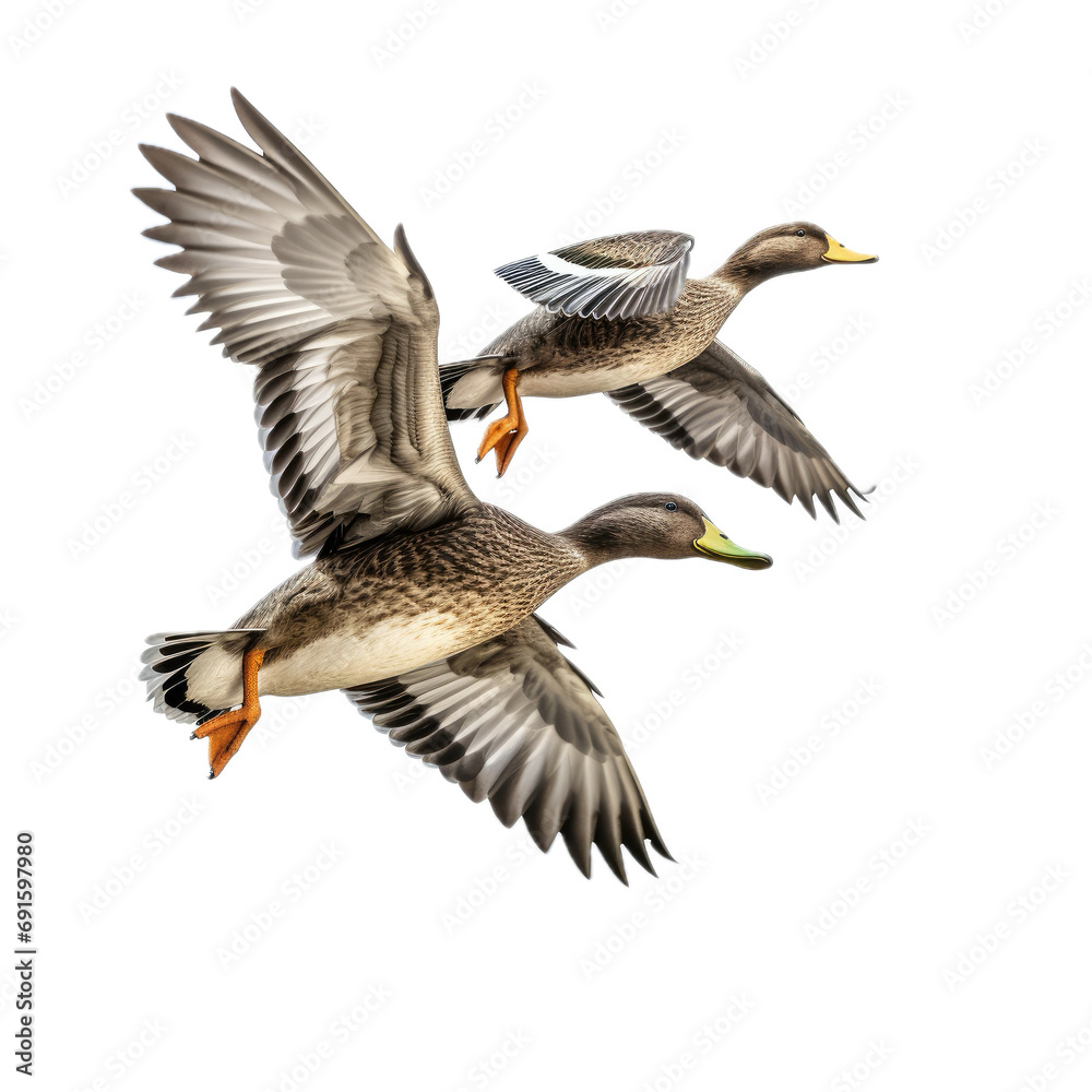 Obraz premium Mallard ducks flying, in a side view, PNG, isolated and transparent Nature-themed, photorealistic illustration. Generative ai