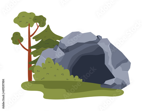 Empty stone cave entrance in the forest among the trees, vector old cave in rock with dark passage to underground depths