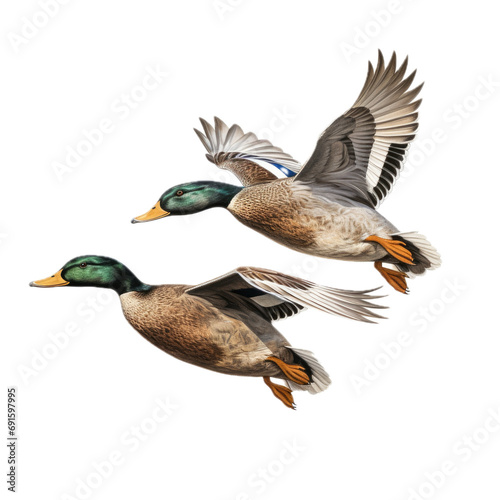 Mallard ducks flying, in a side view, PNG,  isolated and transparent Nature-themed, photorealistic illustration. Generative ai © Purple Penguin GFX