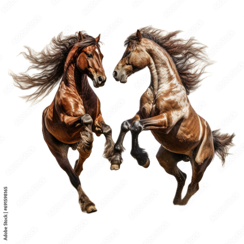 two horses frolicking, rearing, full body in a 3/4 side view PNG, in a playful animal-themed, isolated, and transparent photorealistic illustration. Generative ai two horses frolicking, rearing, full body in a 3/4 side view PNG, in a playful animal-themed, isolated, and transparent photorealistic illustration. Generative ai