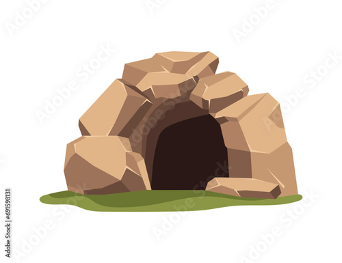 Entrance to cave, natural dwelling of prehistoric man, flat vector isolated.