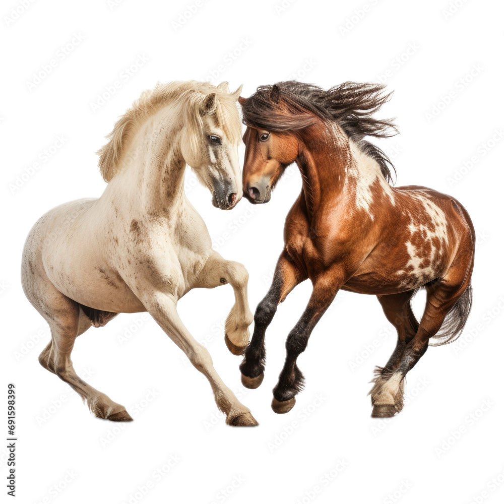 Obraz premium two horses/wild mustangs, sparing, in a 3/4/side view, PNG, isolated and transparent Ranch-themed, photorealistic illustration. Generative ai