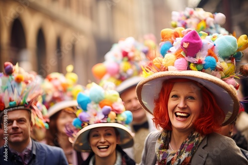 A lively group of people dressed in colorful Easter hats and costumes, celebrating joyously in the middle of a vibrant parade