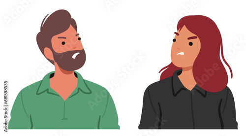 Man And Woman Faces Contorted With Rage, Brows Furrowed, Lips Tightened Into A Fierce Line, Eyes Fiery