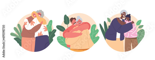 Isolated Vector Round Icons Or Avatars With Cartoon Male And Female Characters Embrace Their Elderly Mothers