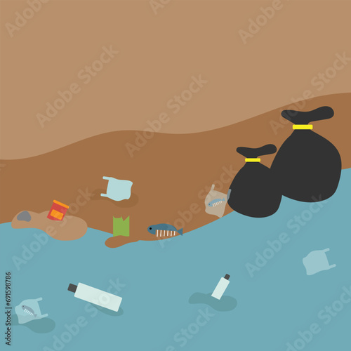 Waste garbage floating in sea site. Sea water pollution concept. flat vector illustration.