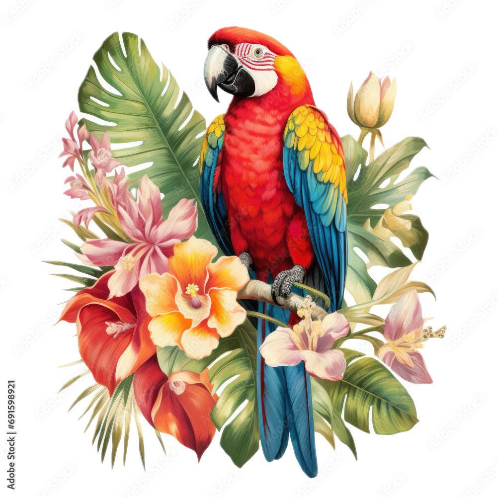 Fototapeta premium a retro Scarlet/Rainbow Macaw with tropical flowers, 3/4 side view, in a PNG, for surf apparel/products, Tropical-themed, isolated, and transparent photorealistic illustration. Generative ai