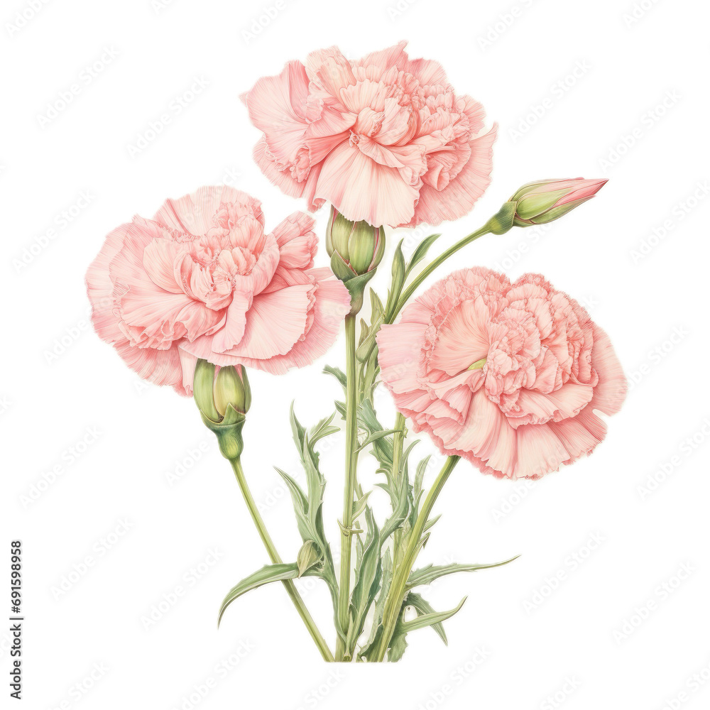  pink carnation flower, side view, in a PNG, floral/Mothers-Day-themed, isolated, and transparent photorealistic illustration. Generative ai
