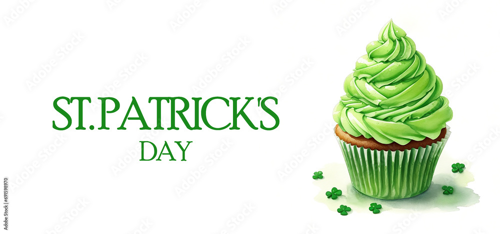 horizontal banner, watercolor illustration, green cream cupcake decorated with clover, St. patricks day treats,