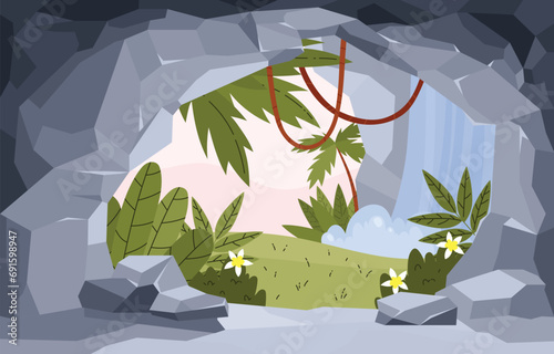 Tropics jungle landscape with a waterfall, view from inside the cave, vector stone den in gray rock in the summer forest