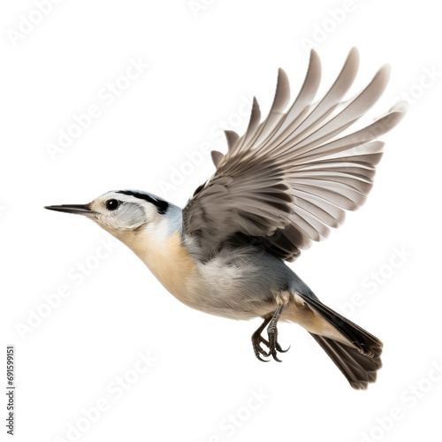  White-breasted Nuthatch flying in motion, in a side view, isolated and transparent PNG in a Nature-themed, photorealistic illustration. Generative ai
