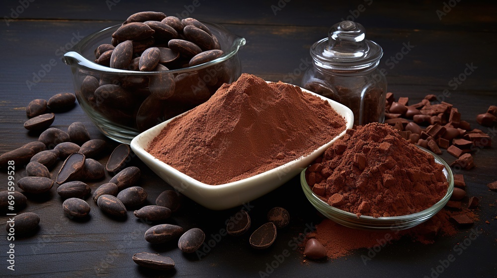 chocolate powder in a container, Raw cocoa beans, bowl with cocoa powder, chocolate in a sack chocolate powder in a container, Raw cocoa beans, bowl with cocoa powder, chocolate in a sack