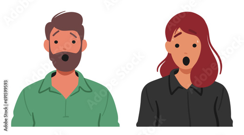 Man and Woman Faces Contorted In Shock, Eyes Widened, Sweat Dripping, And Mouths Agape, Vector Illustration