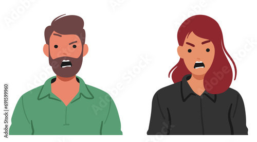 Man And Woman With Furious Faces Yelling, Eyes Ablaze With Anger, Lips Parted In A Fierce Expression