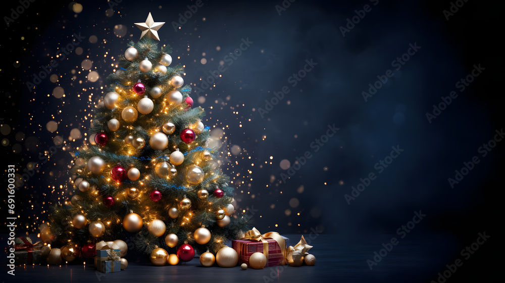 Fototapeta premium Festive Radiance: Beautifully Decorated Christmas Tree on a Dark Blue Background with Lights and Bokeh