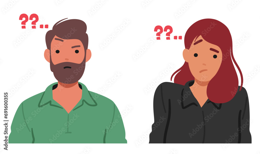 Man and Woman Faces Contorted in Confusion, Eyebrows Raised, And Lips Forming A Questioning Expression - obrazy, fototapety, plakaty 