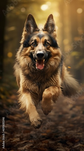 a dog running in the woods