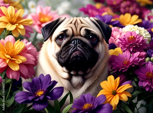Beautiful pug puppy in the middle of lots of colorful flowers © Roshan