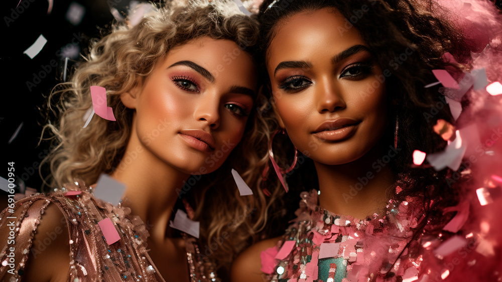 Una sesión de fotos elegante y festiva con personas vestidas con trajes y accesorios brillantes, chispeantes o temáticos, que crean un ambiente visualmente dinámico y festivo para el Año Nuevo. Una sesión de fotos elegante y festiva con personas vestidas con trajes y accesorios brillantes, chispeantes o temáticos, que crean un ambiente visualmente dinámico y festivo para el Año Nuevo.