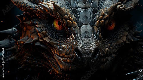 Una fotografía impactante y realista centrada en la cabeza de un dragón.