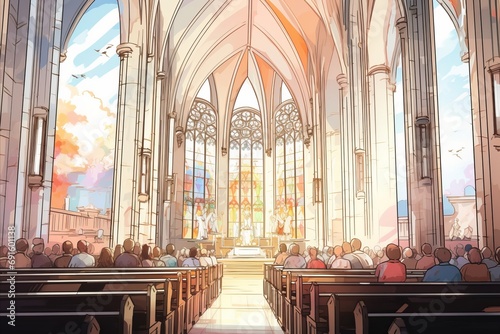 An Easter service rendered in warm hues, where a congregation gathers in a church bathed in the light of stained glass windows