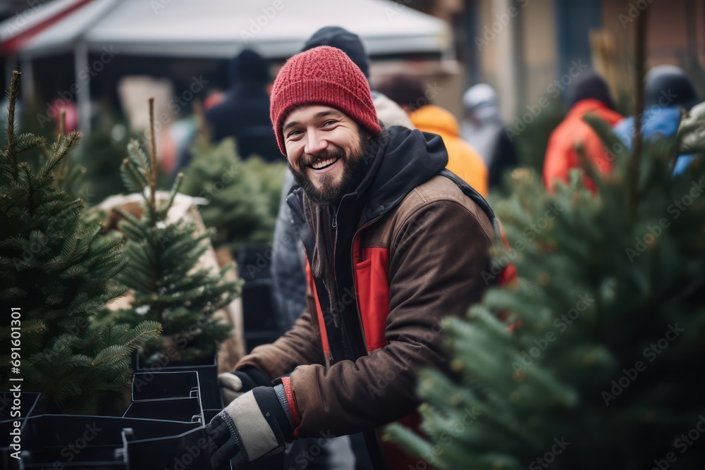 Small business, winter holidays, sale and people concept - happy smiling employee man choosing or selling christmas tree