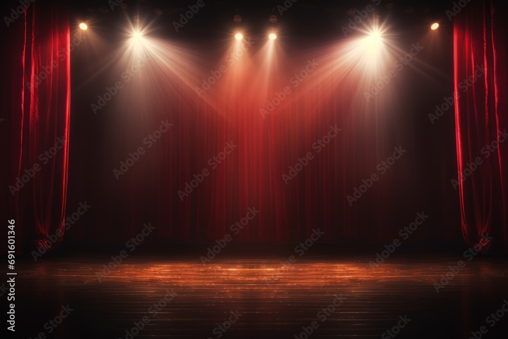 Theater Stage with Red Curtains and Spotlight - obrazy, fototapety, plakaty 