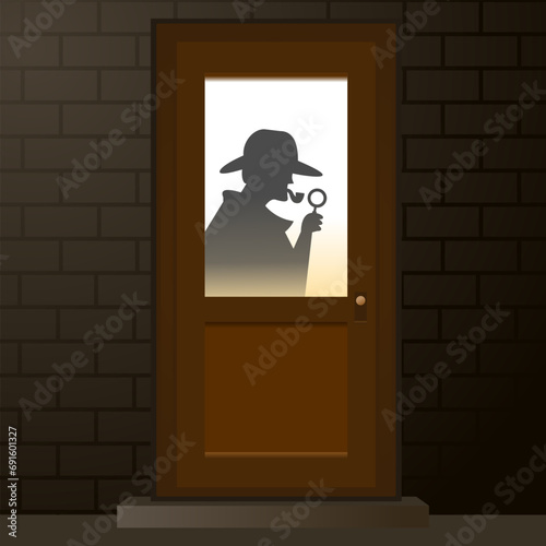 Detective silhouette flat illustration. Mysterious design features a trench-coated figure in detective office door, crime scene and investigation. Has a vintage noir vibe, with shadows.
