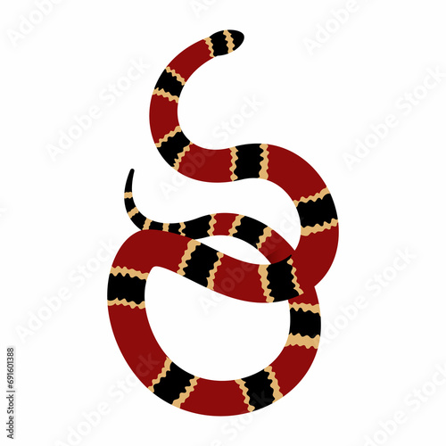 Eastern Coral Snake (Micrurus fulvius) coralillo flat illustration. Red black and yellow venomous reptile.