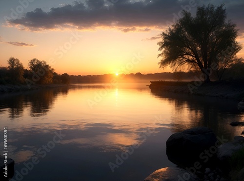 Beautiful evening and lovely sunrise over the lake