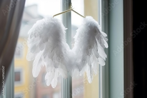 Angels wings hanging. White and delicate piece feathers rack window. Generate AI