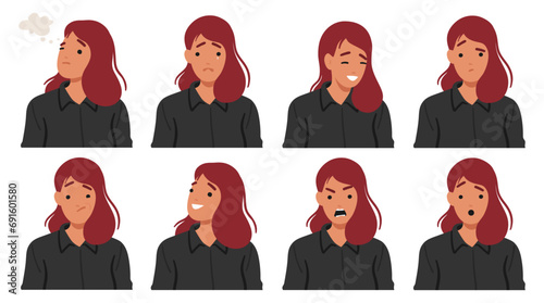 Female Character Emotions Set. Woman Thinking, Joy Radiates From A Wide Smile, Crying, and Yelling. Girl Expressions