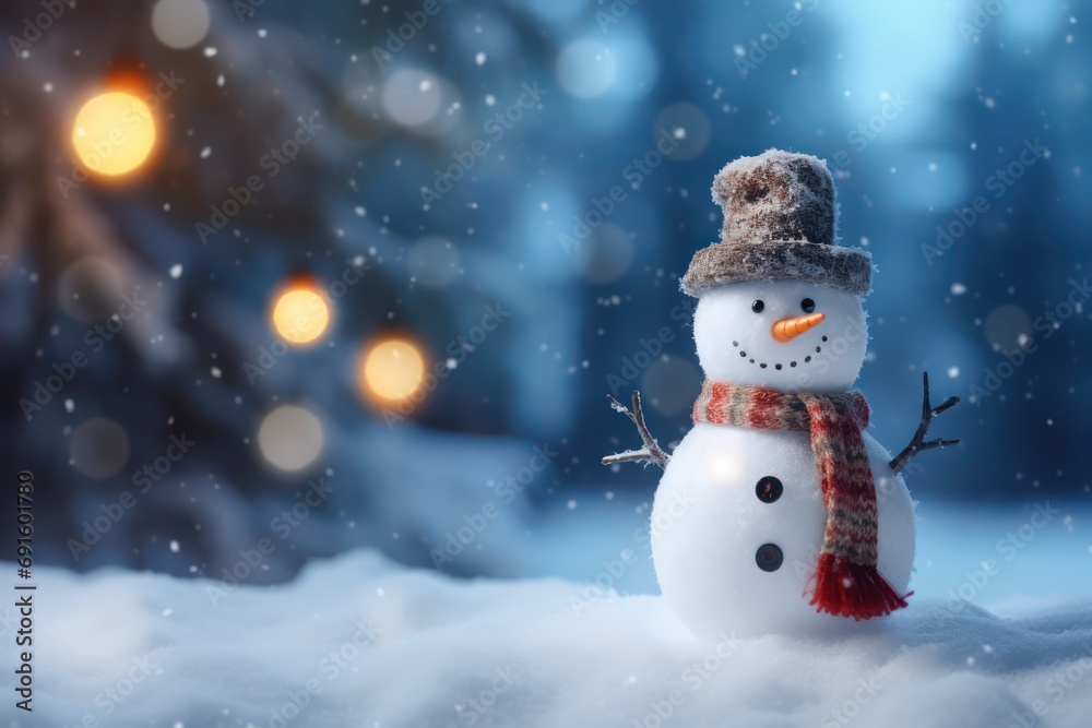 Snowman On Snow In Forest With Snowfall In Defocused Landscape