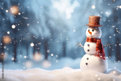 Snowman On Snow In Winter Forest With Snowfall In Defocused Landscape © Celina