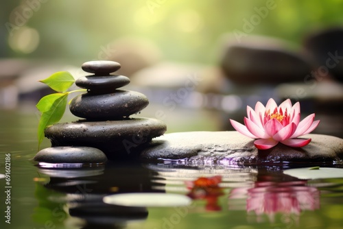 Spa Stones And Waterlily With Fountain In Zen Garden - Asian Culture