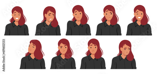 Woman Emotions Set. Joy Radiates From A Wide Smile, Eyes Sparkle With Happiness. Frustration Evident In Furrowed Brows