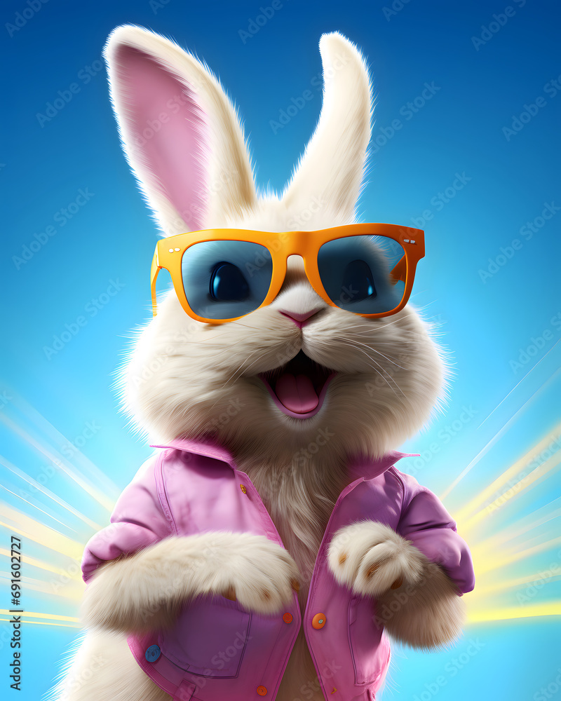 A happy smiling and colorful Easter Bunny wearing sunglasses
