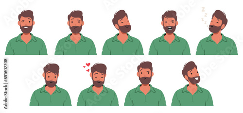 Male Character Emotions Set. Man Express Joy, Sadness Anger and Determination, Sleeping, and Love Radiates