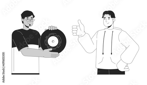 Best friends male retro enthusiasts diverse 2D linear cartoon characters. Arab guy eyeglasses, asian man isolated line vector people white background. Vinyl nostalgia color flat spot illustration