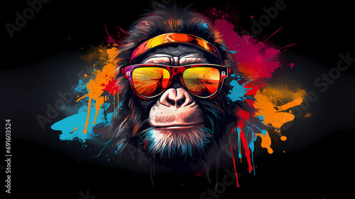 Chimpanzee in sunglasses, bright image in graffiti style.