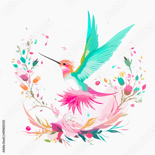 Fantasy world. Vector illustration of paradise hummingbird bird isolated on a white background. Abstract watercolor drawing. Colorful bird. Bird with flower
