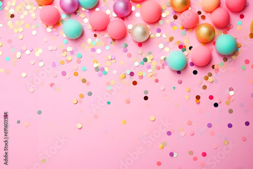 Festive abstract background with colorful confetti on pink background, pastel colors, copy space for text. Background for March 8, Valentine's day, birthday