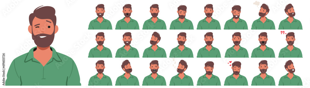 Man Facial Emotions Set. Male Character Radiates Joy Through the Smile, Furrow Brows, Angry, Fall in Love , Shocked Man Facial Emotions Set. Male Character Radiates Joy Through the Smile, Furrow Brows, Angry, Fall in Love , Shocked