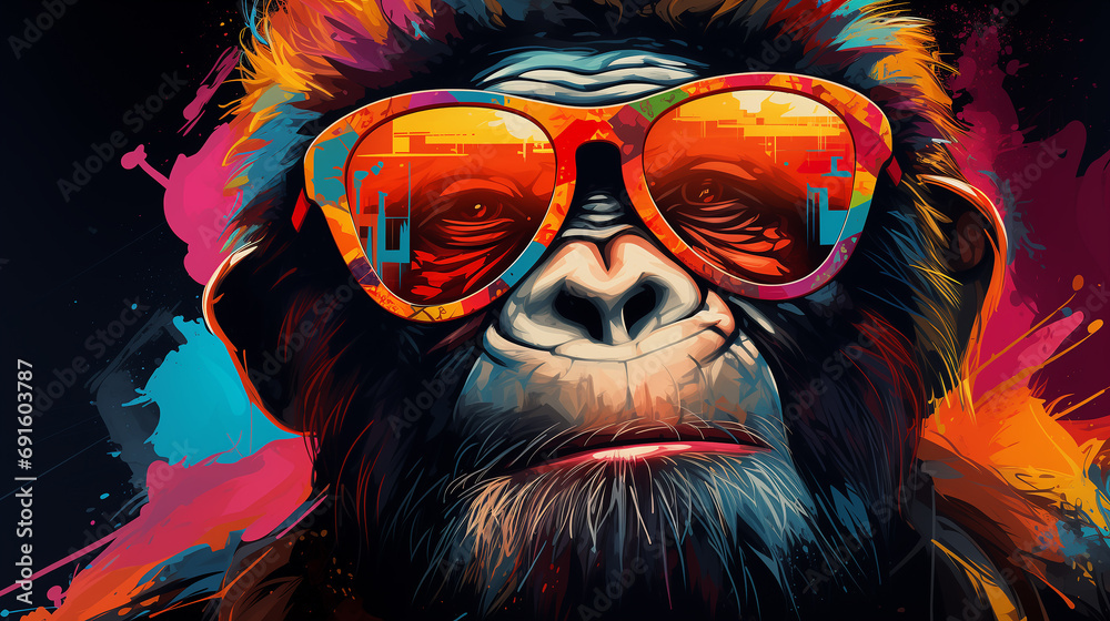 Fototapeta Chimpanzee in sunglasses, bright image in graffiti style.
